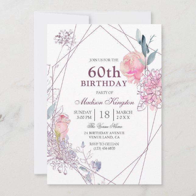 Invitación Elegante Geométrico Rosa Rosa Rosa Rosa 60ª Fiesta (Anverso)