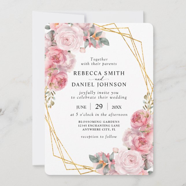 Invitación Elegante Geométrico Rosado y Oro Boda Floral Boho (Anverso)