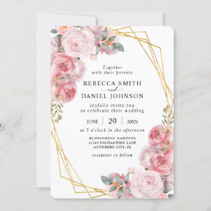 Invitación Elegante Geométrico Rosado y Oro Boda Floral Boho