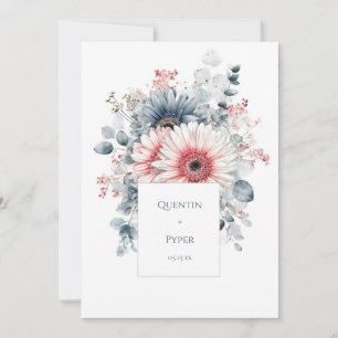 Invitación Elegante Gerbera Daisy Acuarela Rosa Azul Polvorie
