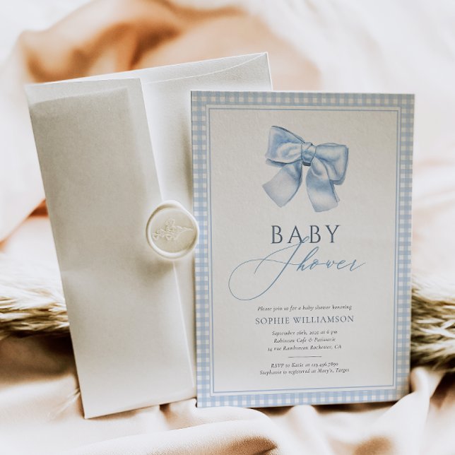 Invitación Elegante Gingham Blue Coquette Bow Baby Shower (Subido por el creador)