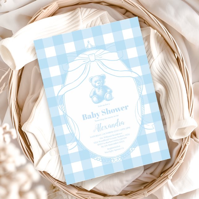 Invitación Elegante Gingham French Teddy Bear Baby Shower (Subido por el creador)