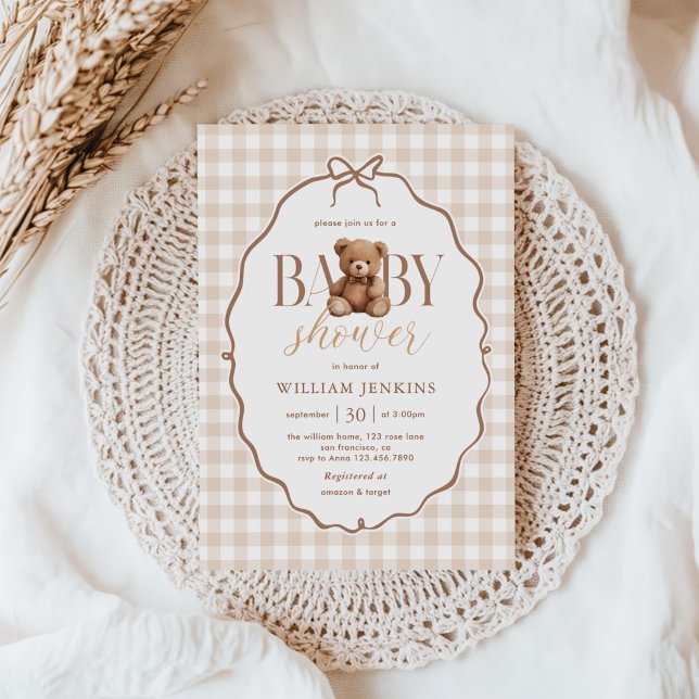 Invitación Elegante Gingham Teddy Bear Baby Shower (Subido por el creador)