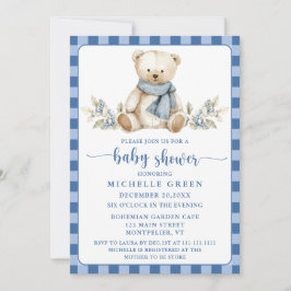 Invitación Elegante Gingham Teddy Bear Winter Baby Shower