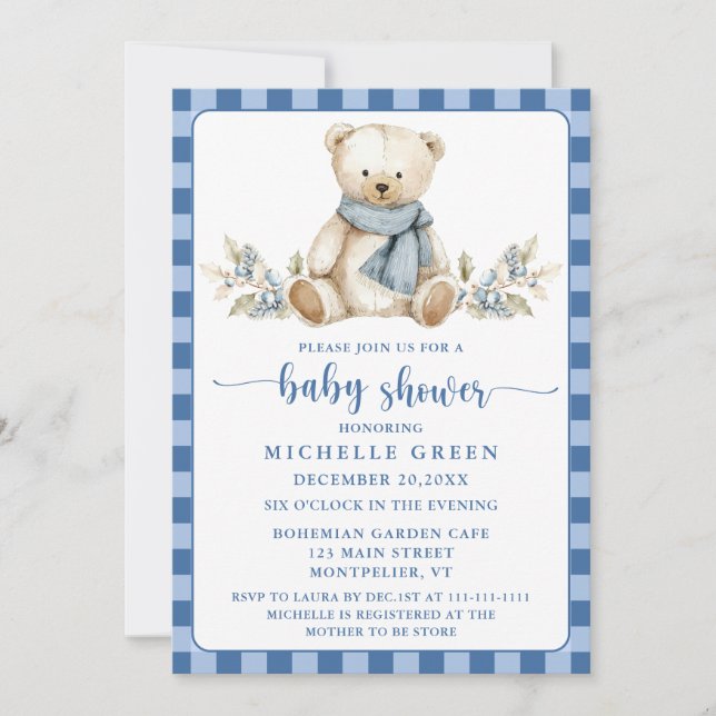 Invitación Elegante Gingham Teddy Bear Winter Baby Shower (Anverso)
