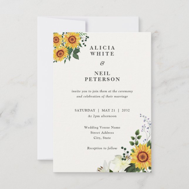 Invitación Elegante girasol amarillo y flores silvestres  (Anverso)