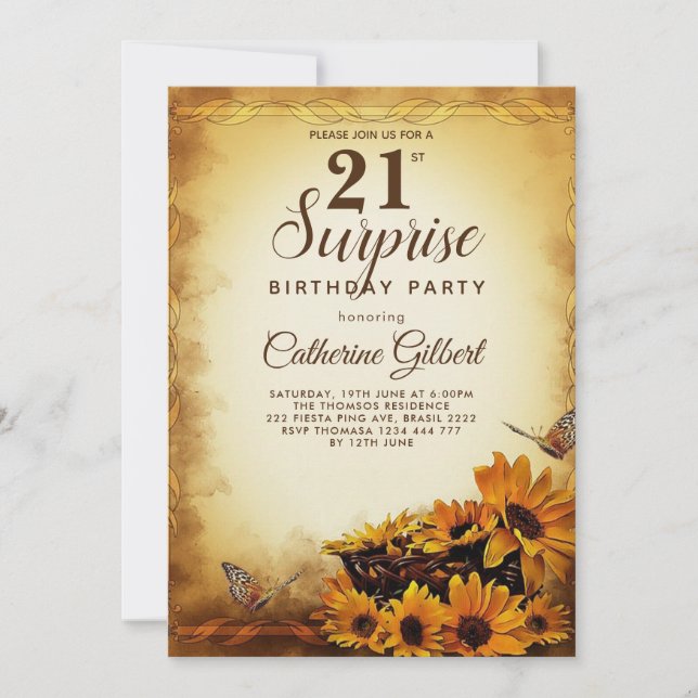 Invitación Elegante girasol con mariposa 21 cumpleaños (Anverso)