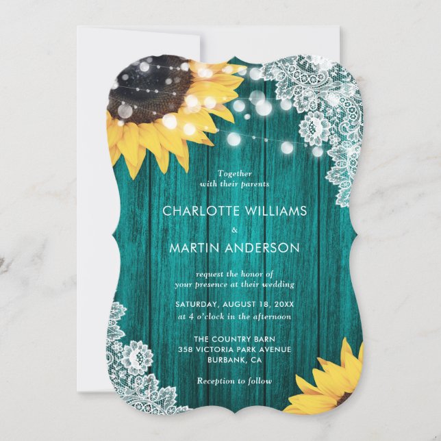 Invitación Elegante Girasol Turquesa Boda de Madera Rústica (Anverso)