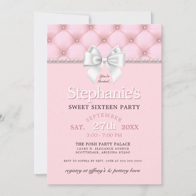 Invitación Elegante Girly Pink Pearls White Bow 16º cumpleaño (Anverso)