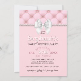 Invitación Elegante Girly Pink Pearls White Bow 16º cumpleaño