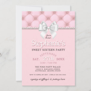Invitación Elegante Girly Pink Pearls White Bow 16º cumpleaño