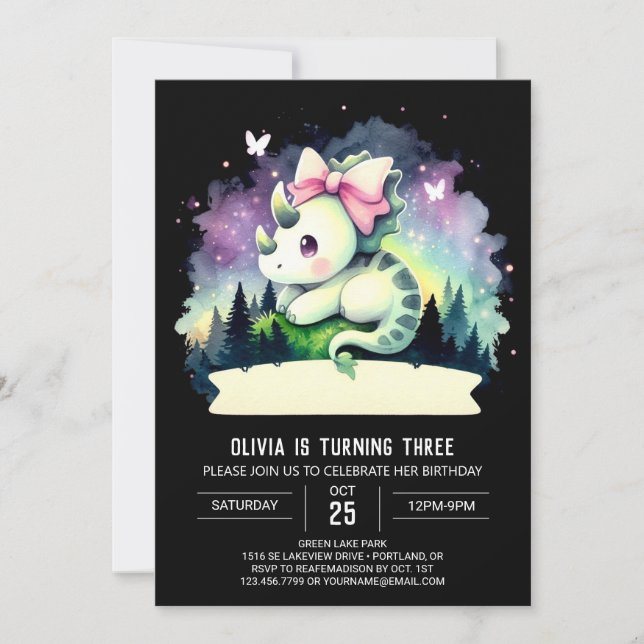 Invitación Elegante Girly Triceratops Cumpleaños (Anverso)