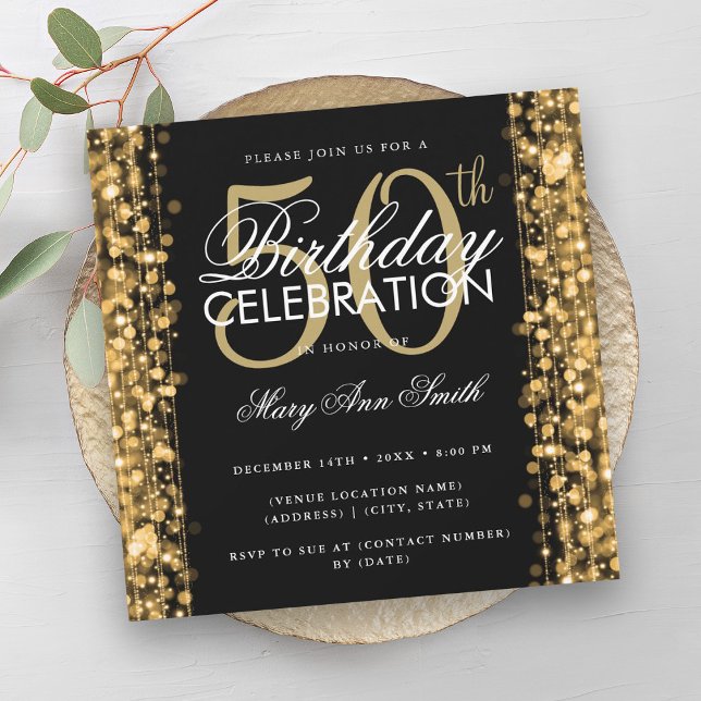 Invitación Elegante Glam 50 cumpleaños esparce oro y negro (Elegant 50th Birthday Glam Sparkles Gold & Black Invitation)