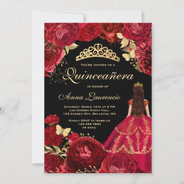 Invitación Elegante Glam Black Gold Red Quinceanera (Anverso)