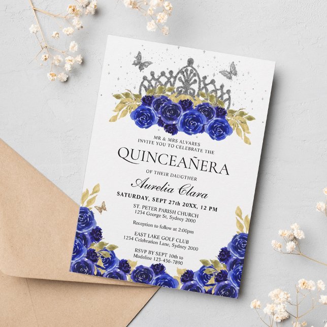 Invitación Elegante Glam Blue Floral Silver Tiara Quinceanera (Subido por el creador)