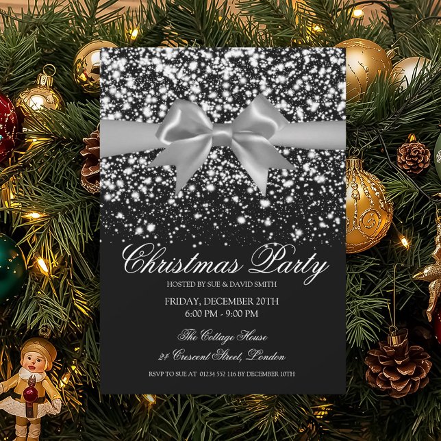 Invitación Elegante Glam Bow de Plata Navidad Fiesta  (Elegant Silver Glam Bow Christmas Party Invitation)