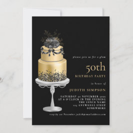 Invitación Elegante Glam Cake Florals Oro 50 cumpleaños Negro