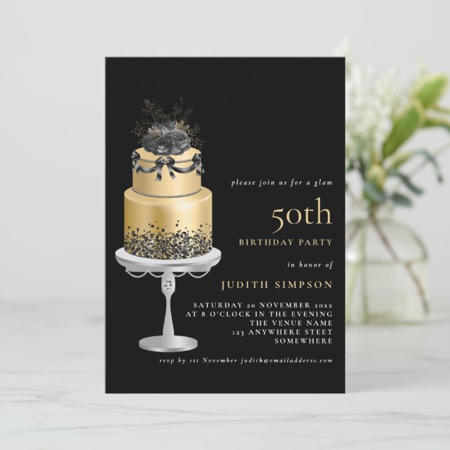 Invitación Elegante Glam Cake Florals Oro 50 cumpleaños Negro (Anverso de pie)