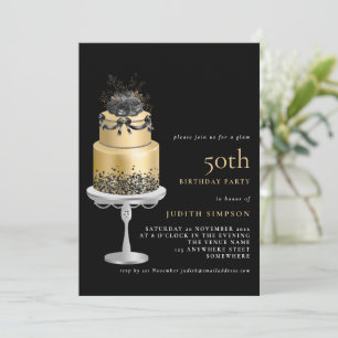 Invitación Elegante Glam Cake Florals Oro 50 cumpleaños Negro