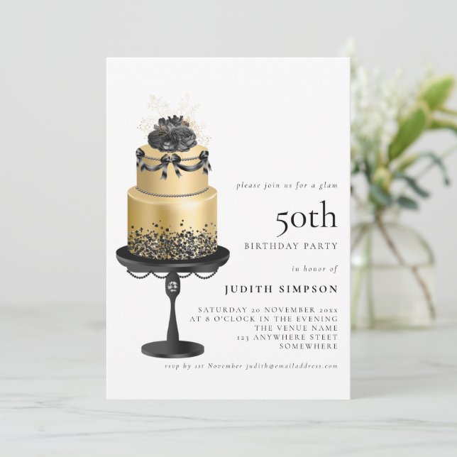 Invitación Elegante Glam Cake Florals Oro Negro 50 cumpleaños (Anverso de pie)