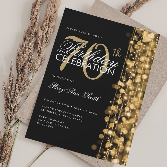 Invitación Elegante Glam de cumpleaños 70 esparce oro y negro (Elegant 70th Birthday Glam Sparkles Gold & Black Invitation)