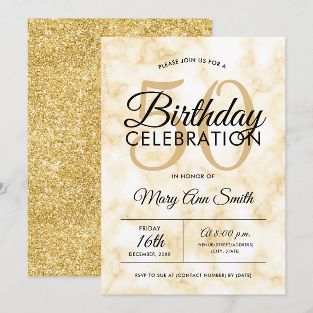 Invitación Elegante Glam de Mármol de Oro de cumpleaños númer (Anverso / Reverso)