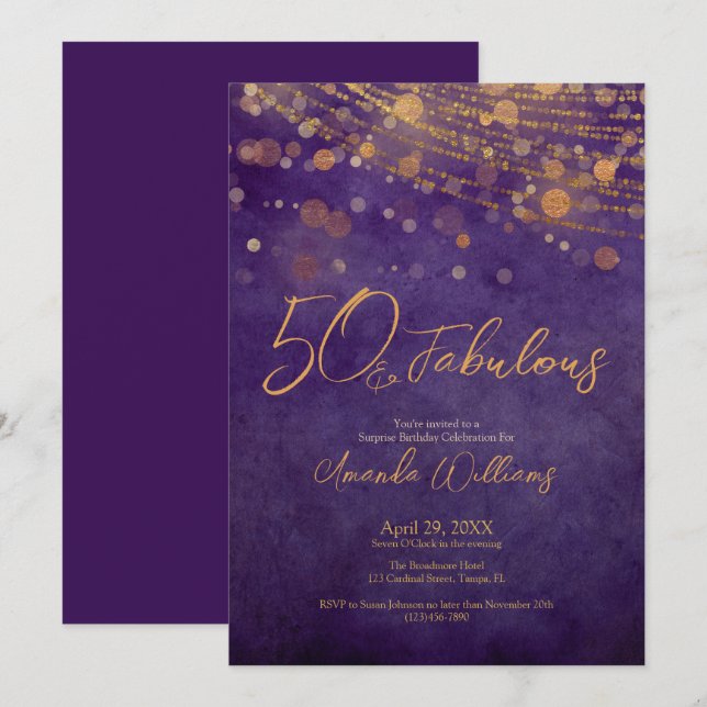Invitación Elegante Glam de Oro Púrpura 50 y fabuloso cumplea (Anverso / Reverso)