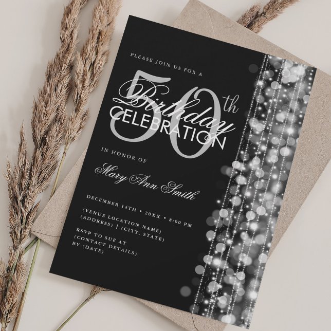 Invitación Elegante Glam Glam 50 cumpleaños esparcen plata y  (Elegant 50th Birthday Glam Sparkles Silver & Black Invitation)
