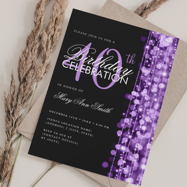 Invitación Elegante Glam Glam Sparkles Purple (Elegant 40th Birthday Glam Sparkles Purple Invitation)