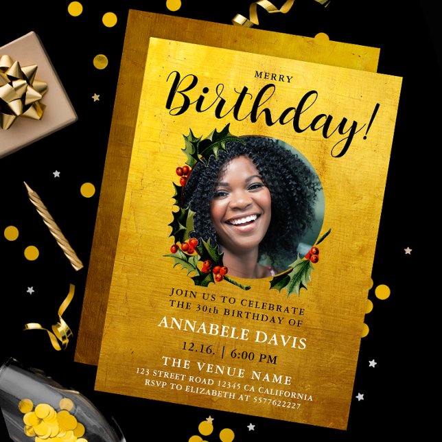 Invitación Elegante Glam Gold Navidades Wreath Fotos de cumpl (Subido por el creador)