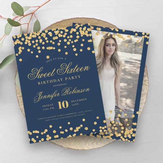Invitación Elegante Glam Gold Navy Confetti Photo Sweet 16 (Elegant Glam Gold Navy Confetti Photo Sweet 16 Invitation)