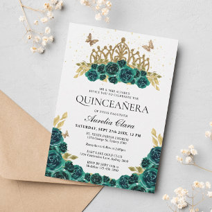 Invitación Elegante Glam Green Floral Gold Tiara Quinceanera