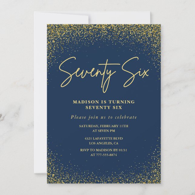 Invitación Elegante Glam Naval Dorado Brillo Cumpleaños 76 (Anverso)