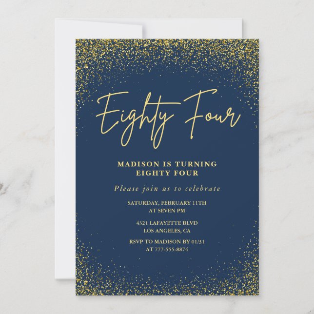 Invitación Elegante Glam Naval Dorado Brillo Cumpleaños 84 (Anverso)