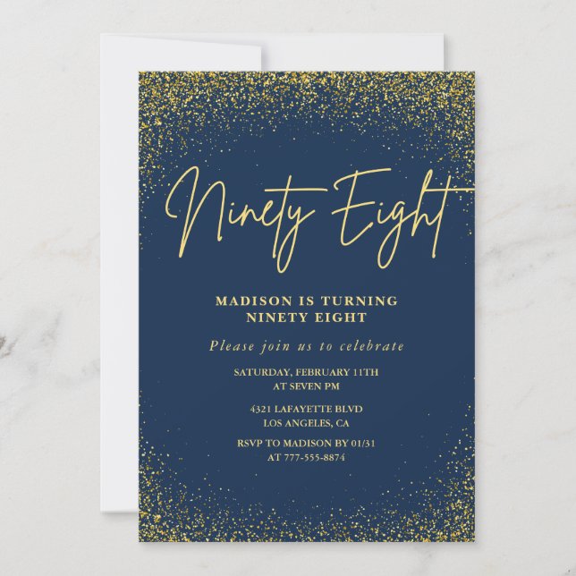 Invitación Elegante Glam Naval Dorado Brillo Cumpleaños 98 (Anverso)