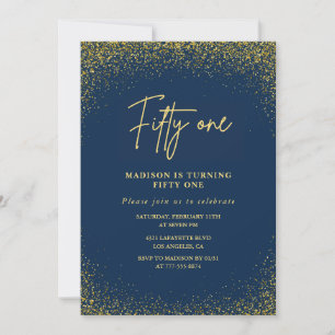 Invitación Elegante Glam Navy Dorado Brillo Cumpleaños 51