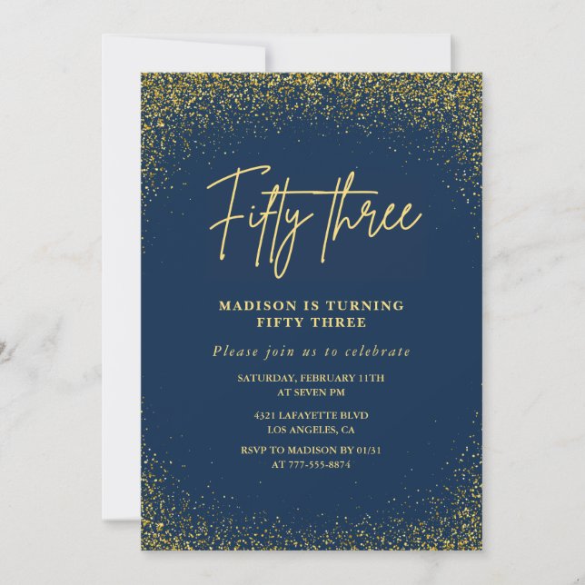Invitación Elegante Glam Navy Dorado Brillo Cumpleaños 53 (Anverso)