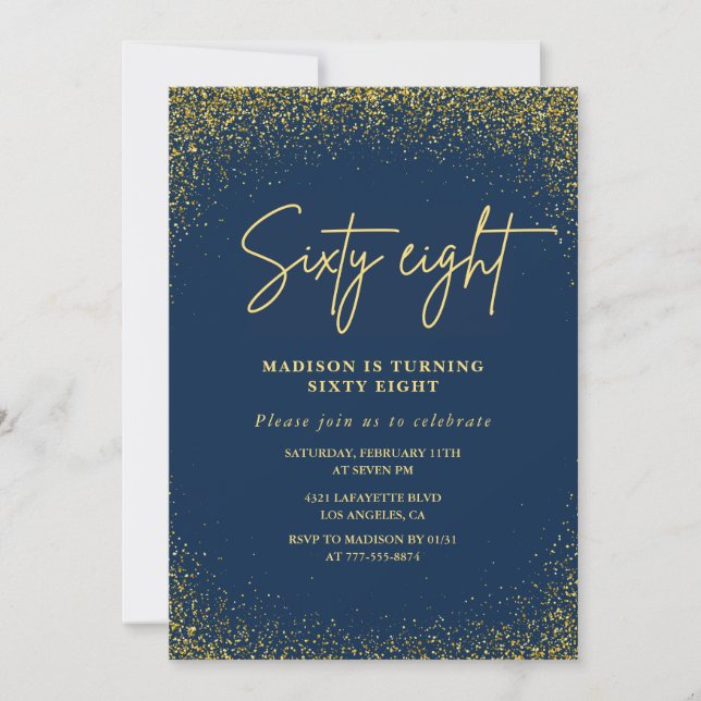 Invitación Elegante Glam Navy Dorado Brillo Cumpleaños 68 (Anverso)