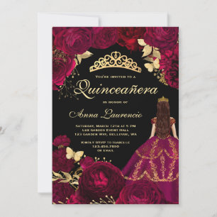 Invitación Elegante Glam Negro Oro Burgundy Quinceañera