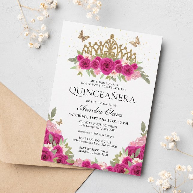 Invitación Elegante Glam Pink Floral Gold Tiara Quinceanera (Subido por el creador)