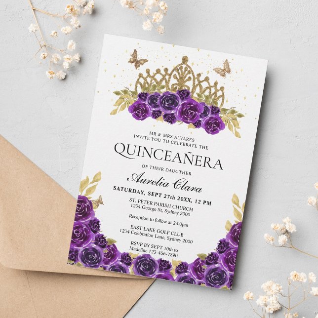Invitación Elegante Glam Purple Floral Gold Tiara Quinceanera (Subido por el creador)