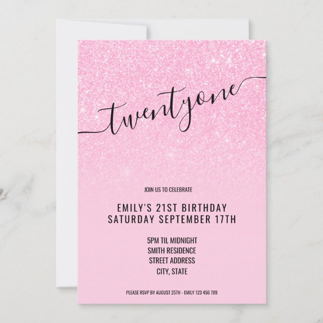 Invitación Elegante Glam Purpurina Rosa 21 cumpleaños (Anverso)