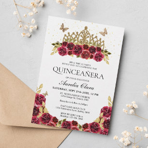 Invitación Elegante Glam Red Floral Gold Tiara Quinceanera