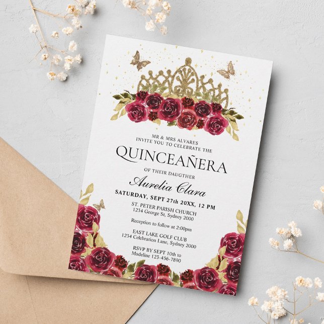 Invitación Elegante Glam Red Floral Gold Tiara Quinceanera (Subido por el creador)
