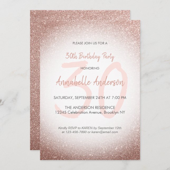 Invitación Elegante Glam Rosa Rosa Dorada Espuma de Oro 30 cu (Anverso / Reverso)