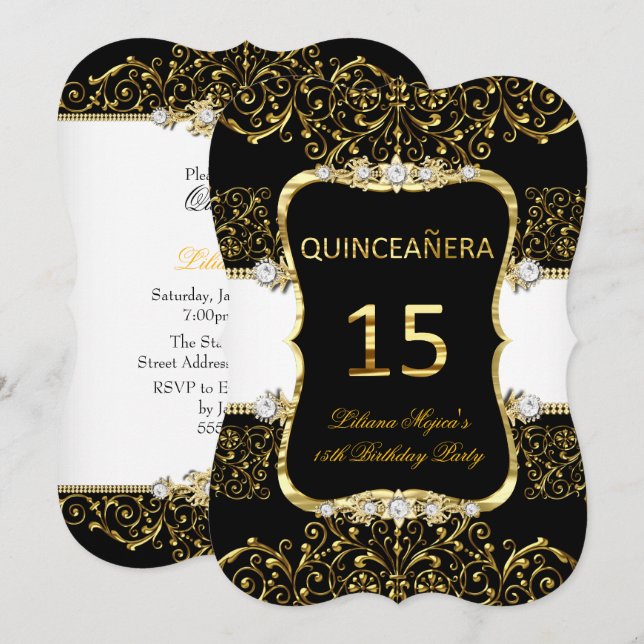 Invitación Elegante Glamour blanco negro dorado Quinceanera (Anverso / Reverso)