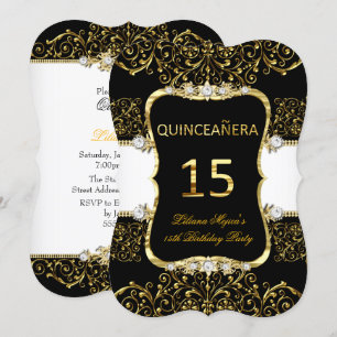 Invitación Elegante Glamour blanco negro dorado Quinceanera