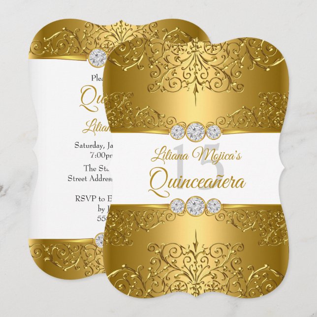 Invitación Elegante Glamour de Diamante Blanco Oro Quinceaner (Anverso / Reverso)