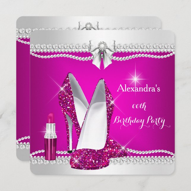 Invitación Elegante Glamour Purpurina Palo de labios de tacon (Anverso / Reverso)