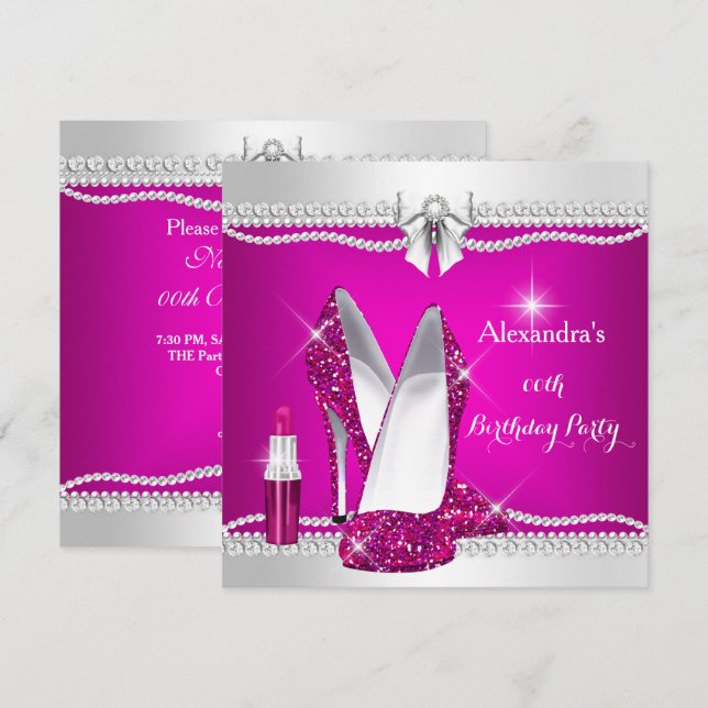 Invitación Elegante Glamour Purpurina Palo de labios de tacon (Anverso / Reverso)